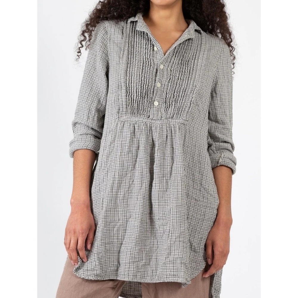 CP Shades Annette Tunic in Double Cotton Gauze Check Black White Pintuck